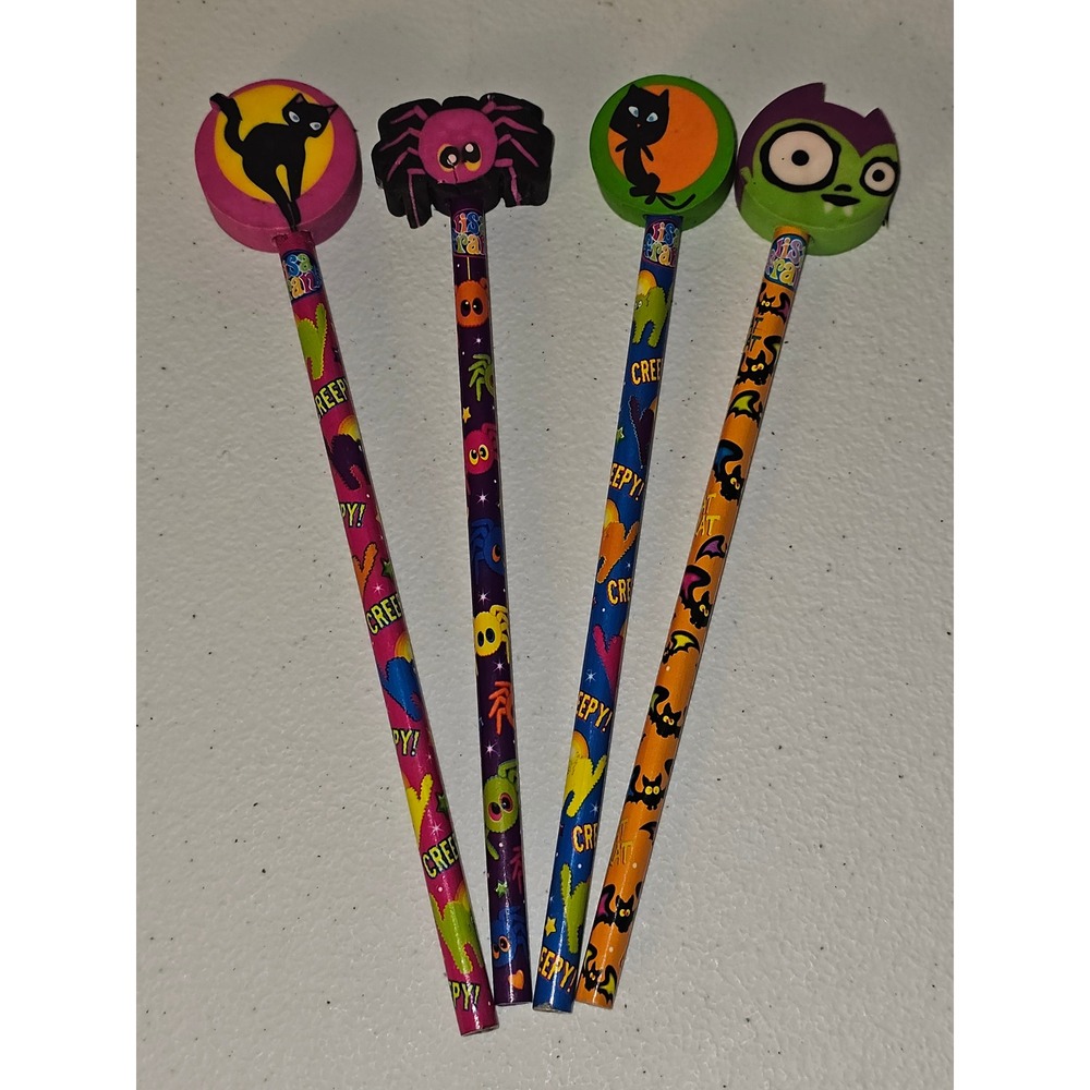 Lisa Frank Set Of 4 Halloween Pencils & Erasers Cat Spider Vampire